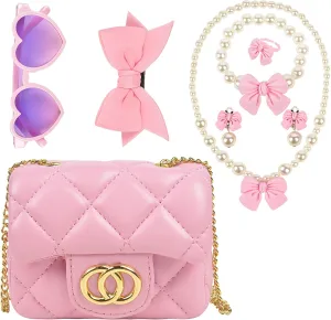 QZUnique Girls Crossbody Purse Set, Mini Handbag with Jewelry Set Hair Clip Sunglass, PU Coin Purse Shoulder Messenger Bag Dress Up Gift Pretend Play Necklace Accessories for Kids Toddlers, 7 Pack