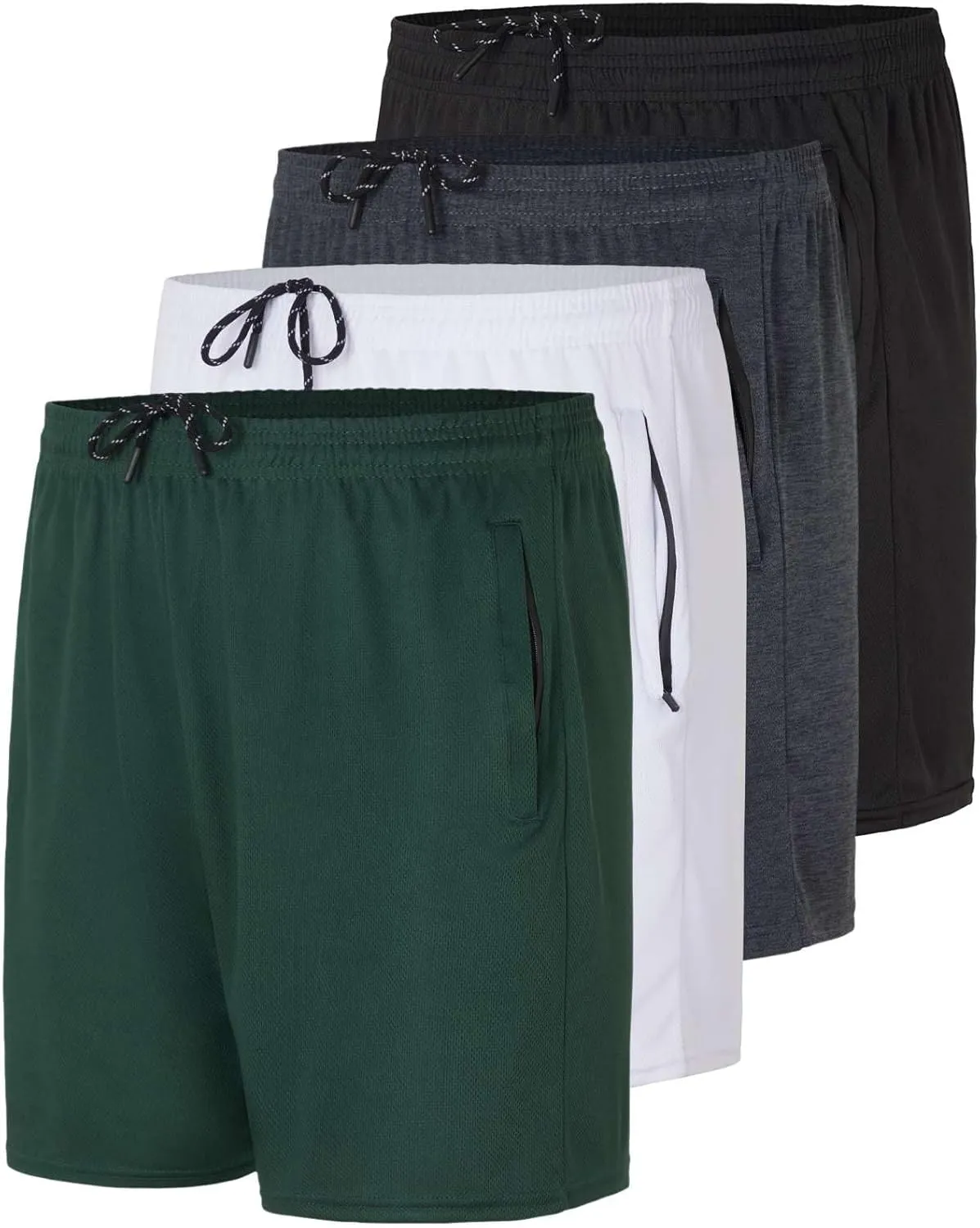 Real Essentials 4 Pack: Men's 5" Mesh Quick-Dry Athletic Running Gym Shorts with Zipper Pockets (Available in Big & Tall)
