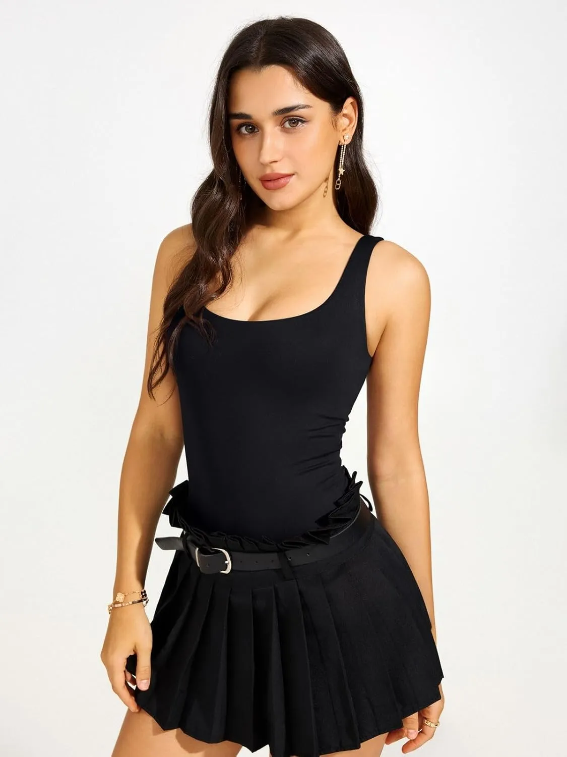 REORIA Bodysuit for Women Scoop Neck Sleeveless Tank Top Bodysuits 2025 Sexy Thong Bodysuit Basic Leotards for Women