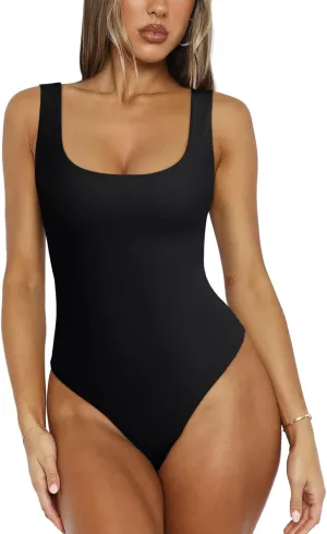 REORIA Bodysuit for Women Scoop Neck Sleeveless Tank Top Bodysuits 2025 Sexy Thong Bodysuit Basic Leotards for Women