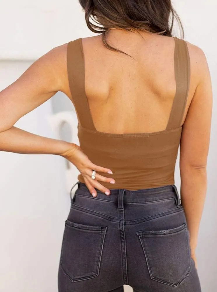 REORIA Butsmooth Womens Basic Sexy Square Neck Sleeveless Tank Tops Bodysuits Clubwear