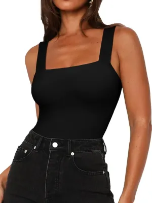 REORIA Butsmooth Womens Basic Sexy Square Neck Sleeveless Tank Tops Bodysuits Clubwear