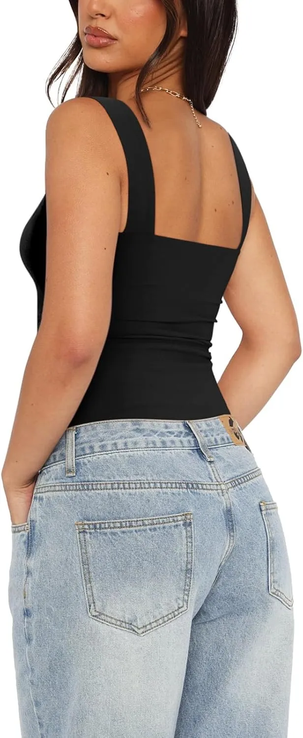 REORIA Butsmooth Womens Basic Sexy Square Neck Sleeveless Tank Tops Bodysuits Clubwear