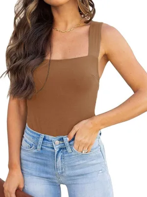 REORIA Butsmooth Womens Basic Sexy Square Neck Sleeveless Tank Tops Bodysuits Clubwear