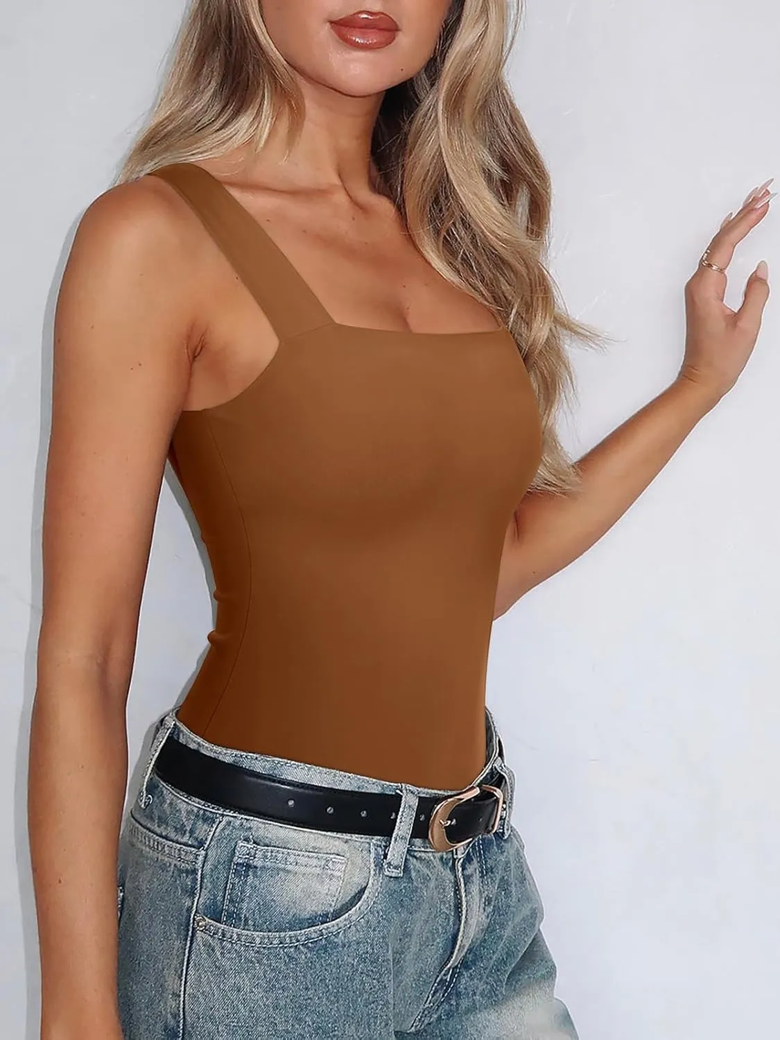 REORIA Butsmooth Womens Basic Sexy Square Neck Sleeveless Tank Tops Bodysuits Clubwear