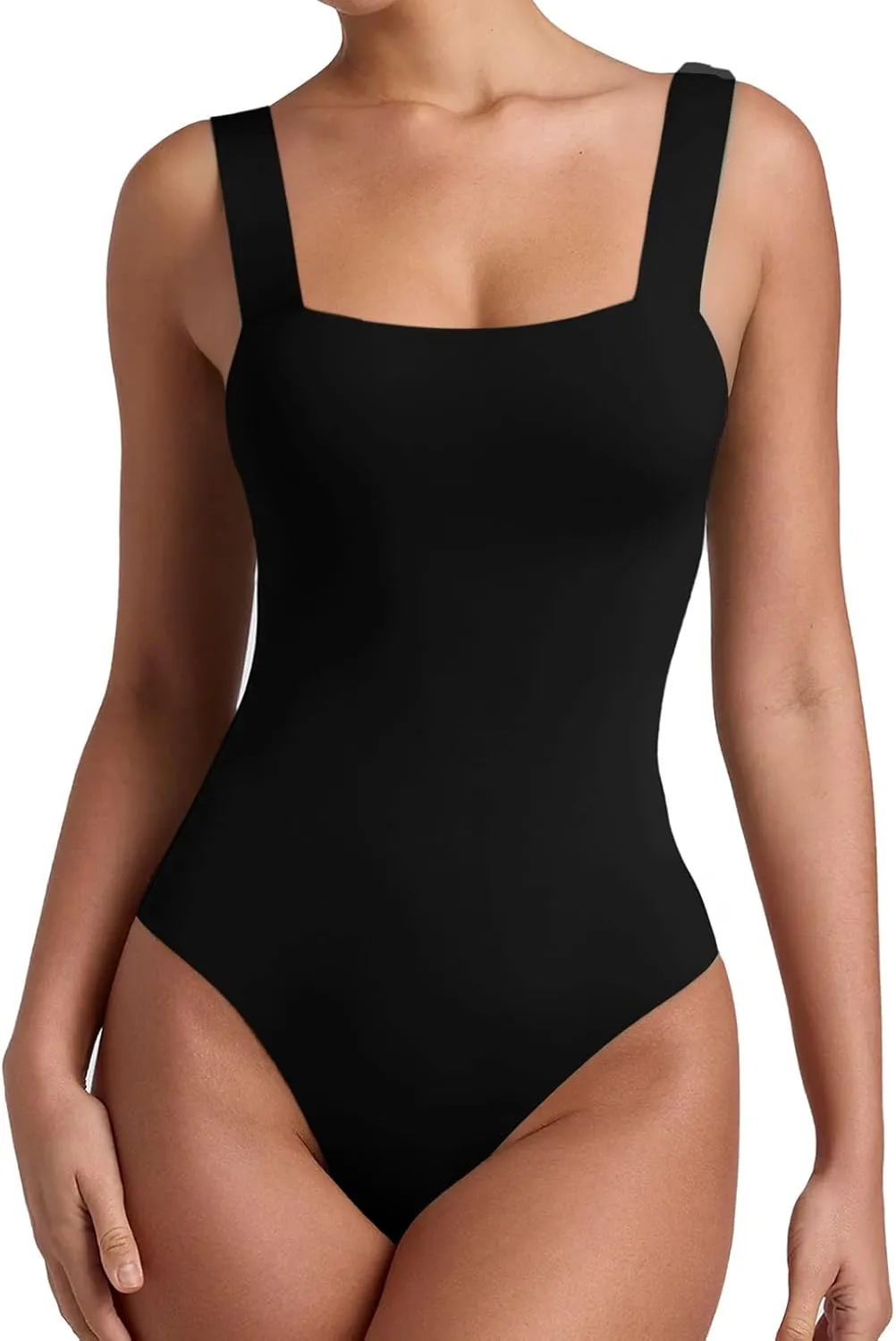 REORIA Butsmooth Womens Basic Sexy Square Neck Sleeveless Tank Tops Bodysuits Clubwear