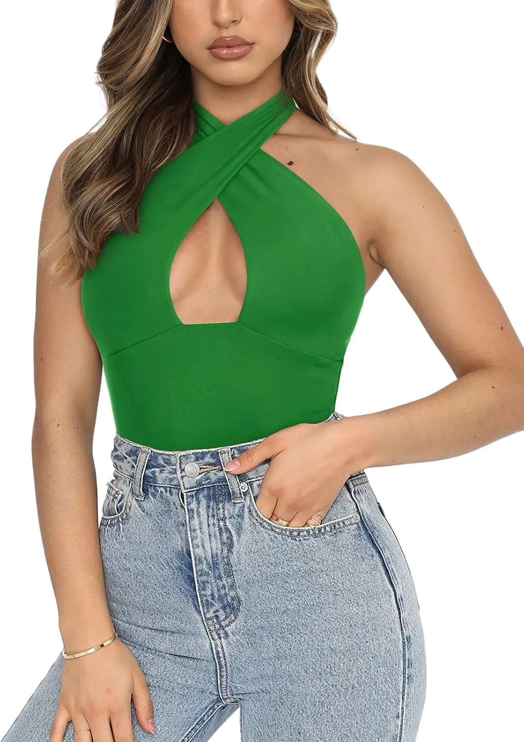 REORIA Butsmooth Women's Trendy Sexy Criss Cross Halter Neck Sleeveless Thong Bodysuits Tops Clubwear