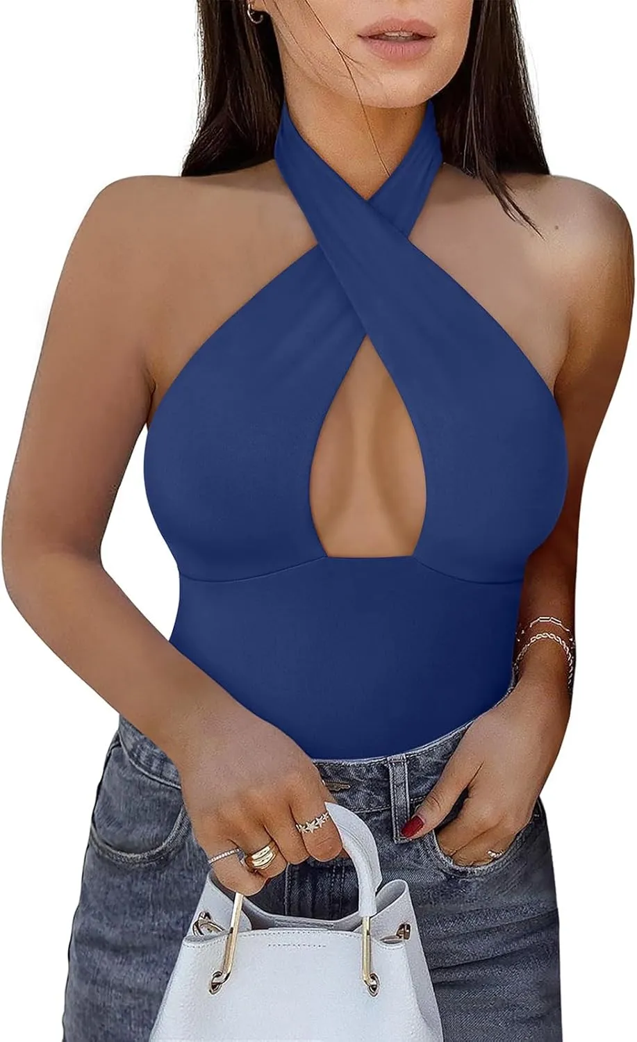 REORIA Butsmooth Women's Trendy Sexy Criss Cross Halter Neck Sleeveless Thong Bodysuits Tops Clubwear