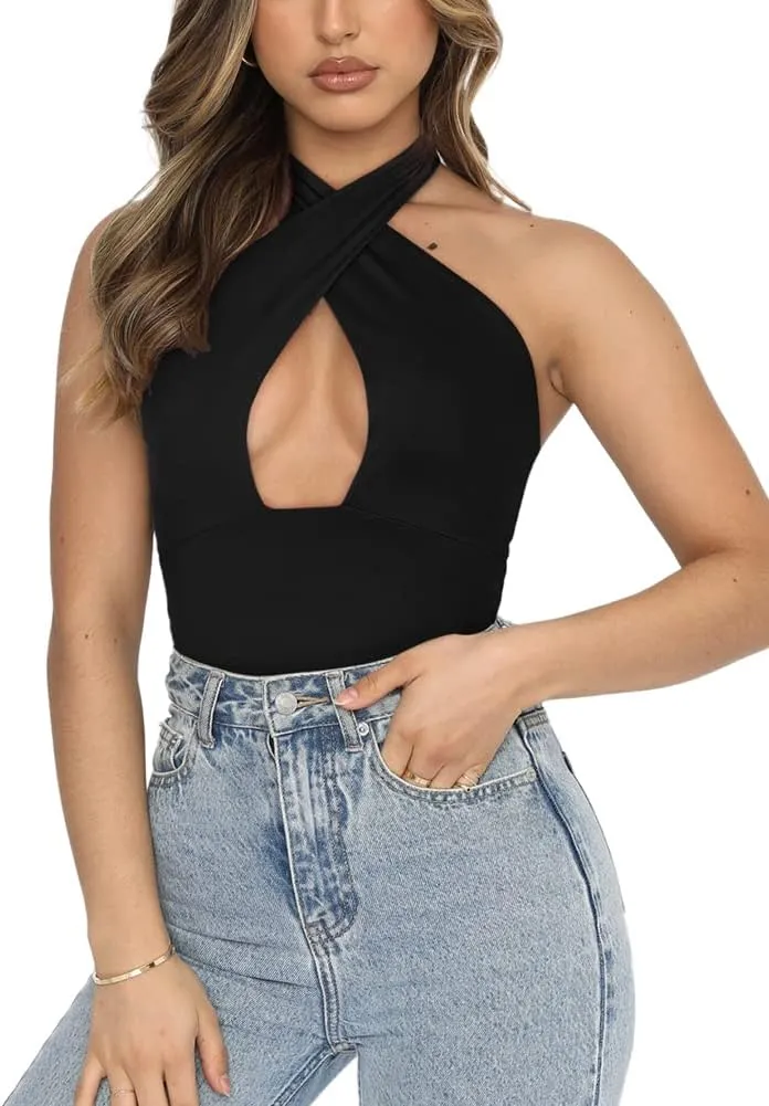 REORIA Butsmooth Women's Trendy Sexy Criss Cross Halter Neck Sleeveless Thong Bodysuits Tops Clubwear