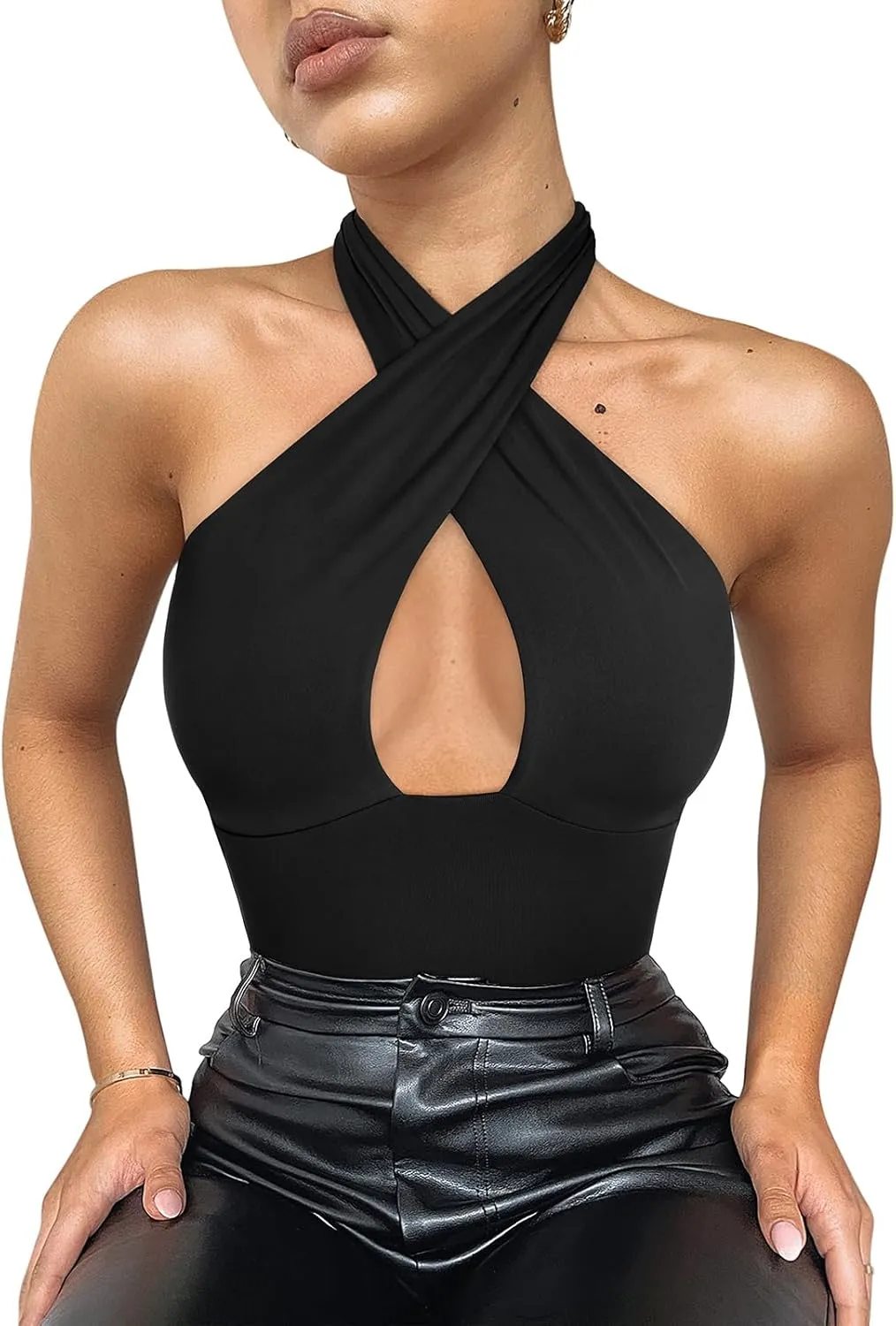 REORIA Butsmooth Women's Trendy Sexy Criss Cross Halter Neck Sleeveless Thong Bodysuits Tops Clubwear