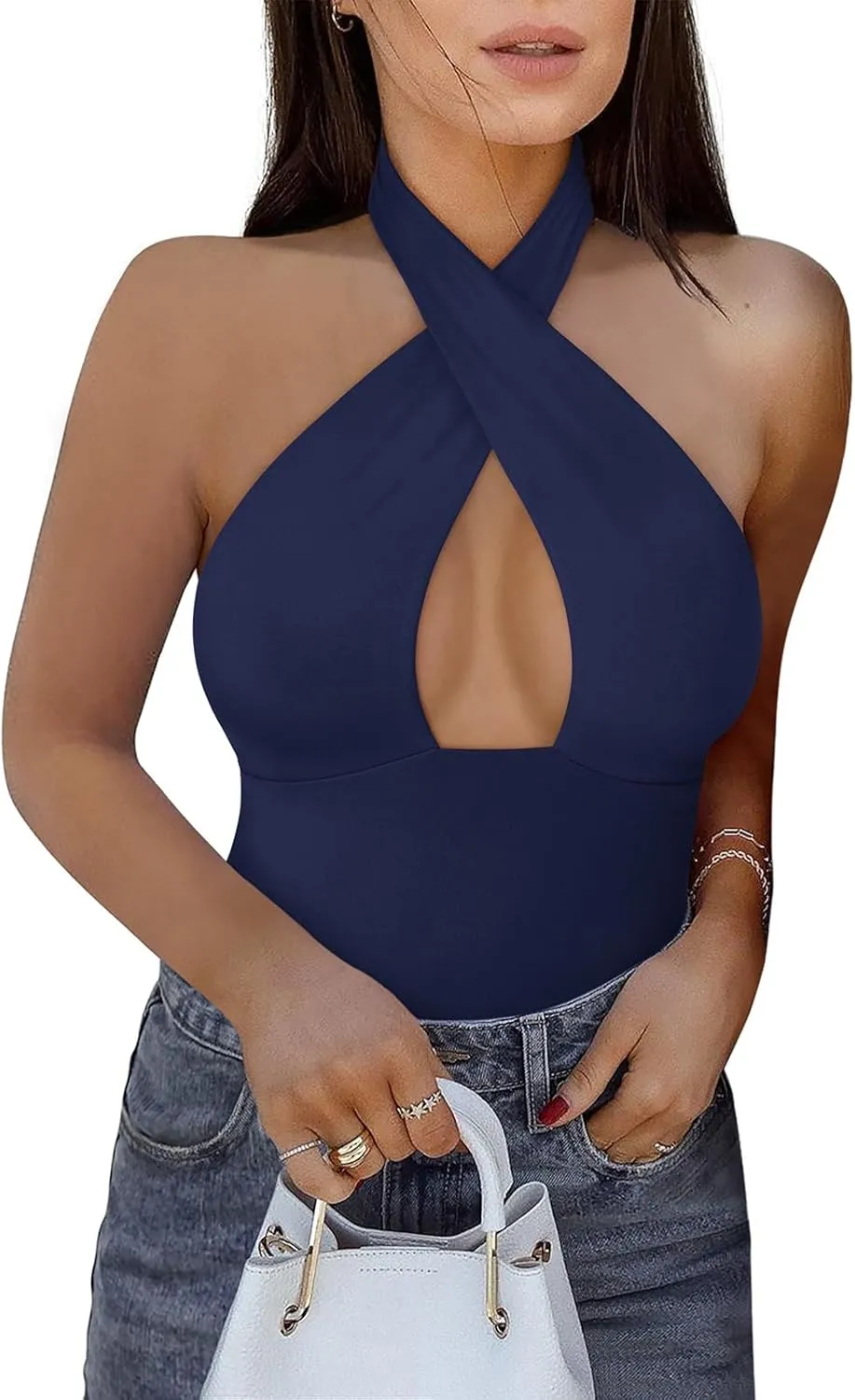 REORIA Butsmooth Women's Trendy Sexy Criss Cross Halter Neck Sleeveless Thong Bodysuits Tops Clubwear
