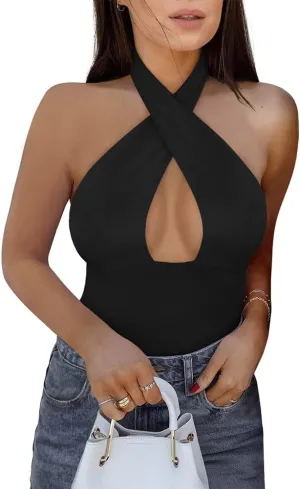 REORIA Butsmooth Women's Trendy Sexy Criss Cross Halter Neck Sleeveless Thong Bodysuits Tops Clubwear