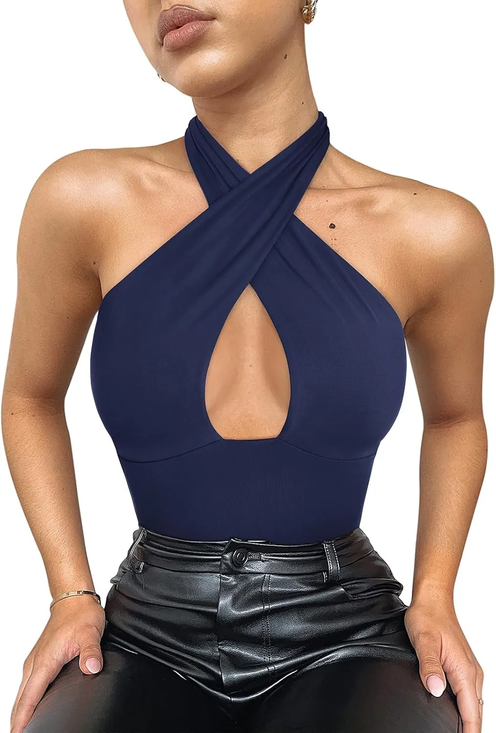 REORIA Butsmooth Women's Trendy Sexy Criss Cross Halter Neck Sleeveless Thong Bodysuits Tops Clubwear