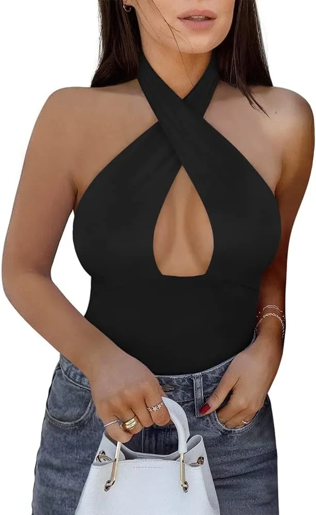 REORIA Butsmooth Women's Trendy Sexy Criss Cross Halter Neck Sleeveless Thong Bodysuits Tops Clubwear
