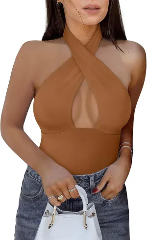 REORIA Butsmooth Women's Trendy Sexy Criss Cross Halter Neck Sleeveless Thong Bodysuits Tops Clubwear