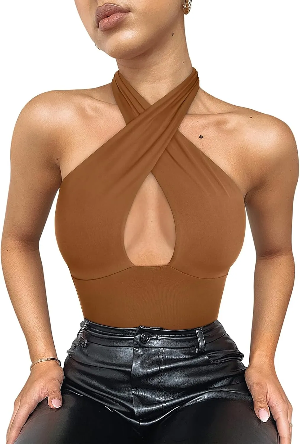 REORIA Butsmooth Women's Trendy Sexy Criss Cross Halter Neck Sleeveless Thong Bodysuits Tops Clubwear
