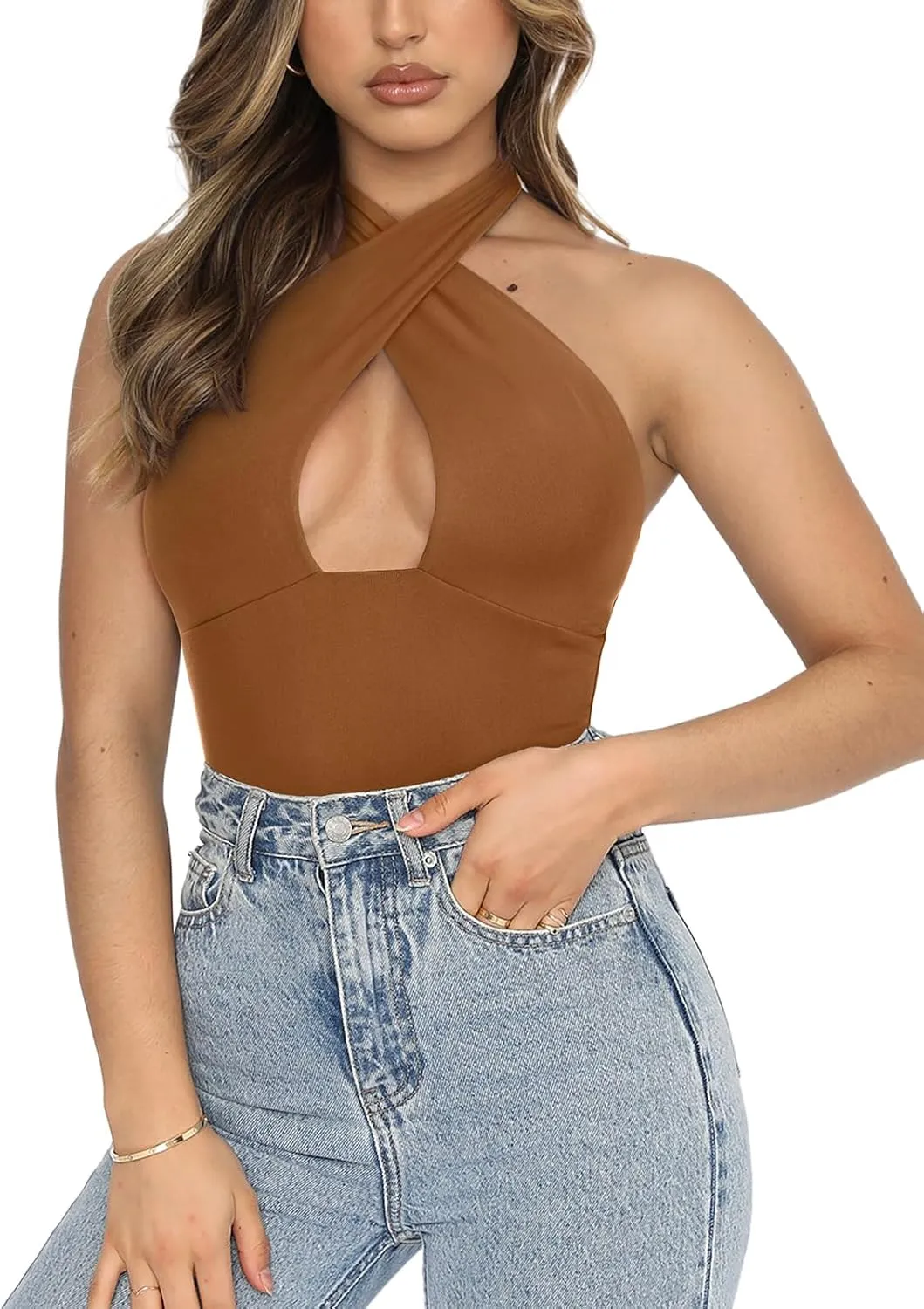 REORIA Butsmooth Women's Trendy Sexy Criss Cross Halter Neck Sleeveless Thong Bodysuits Tops Clubwear