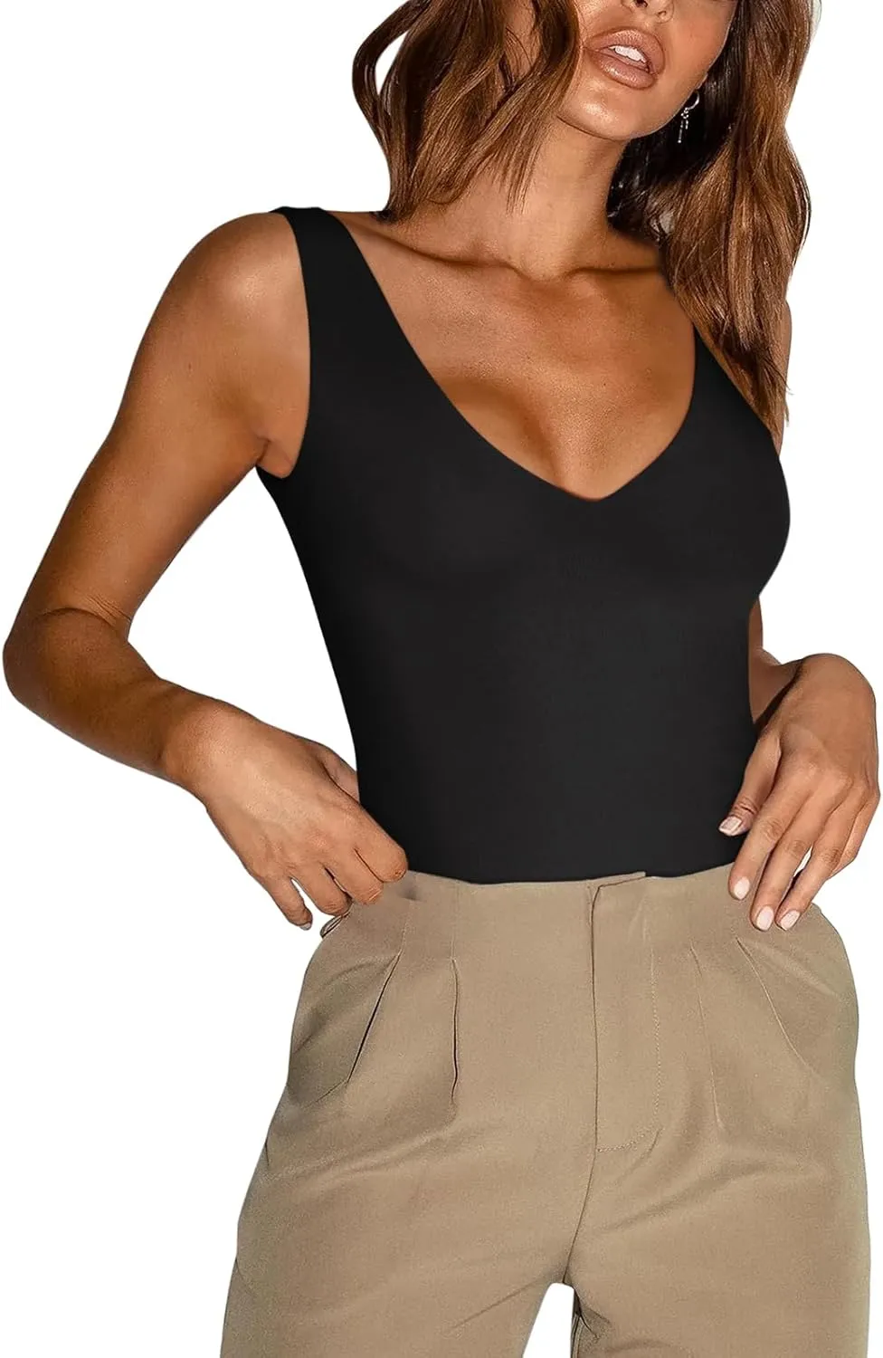 REORIA Butsmooth Womens Trendy Sexy Plunge Deep V Neck Sleeveless V Backless Going Out Tank Bodysuits Tops