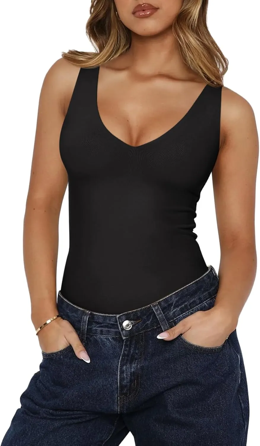 REORIA Butsmooth Womens Trendy Sexy Plunge Deep V Neck Sleeveless V Backless Going Out Tank Bodysuits Tops