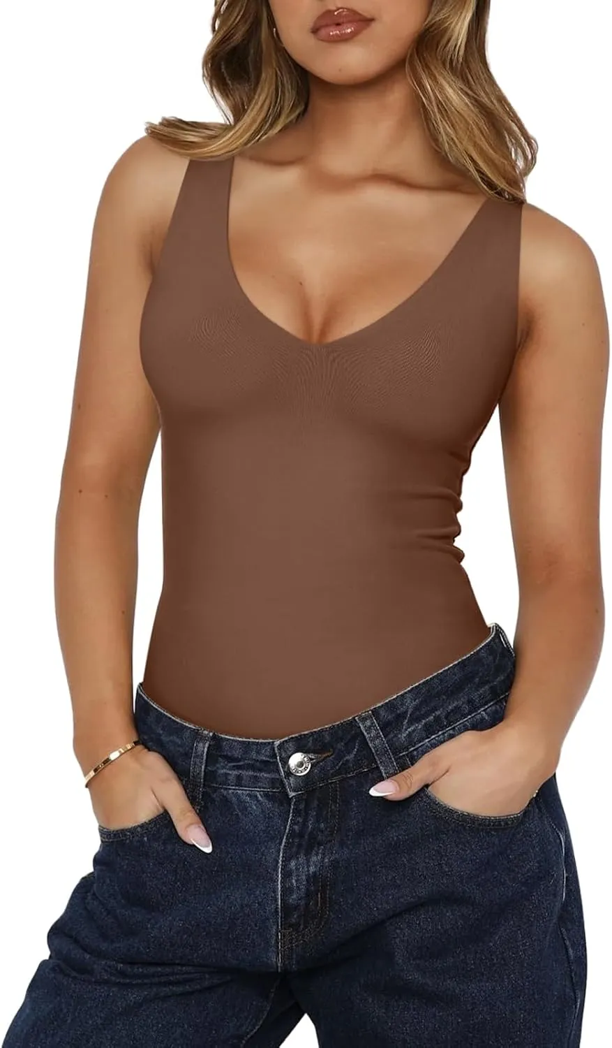REORIA Butsmooth Womens Trendy Sexy Plunge Deep V Neck Sleeveless V Backless Going Out Tank Bodysuits Tops