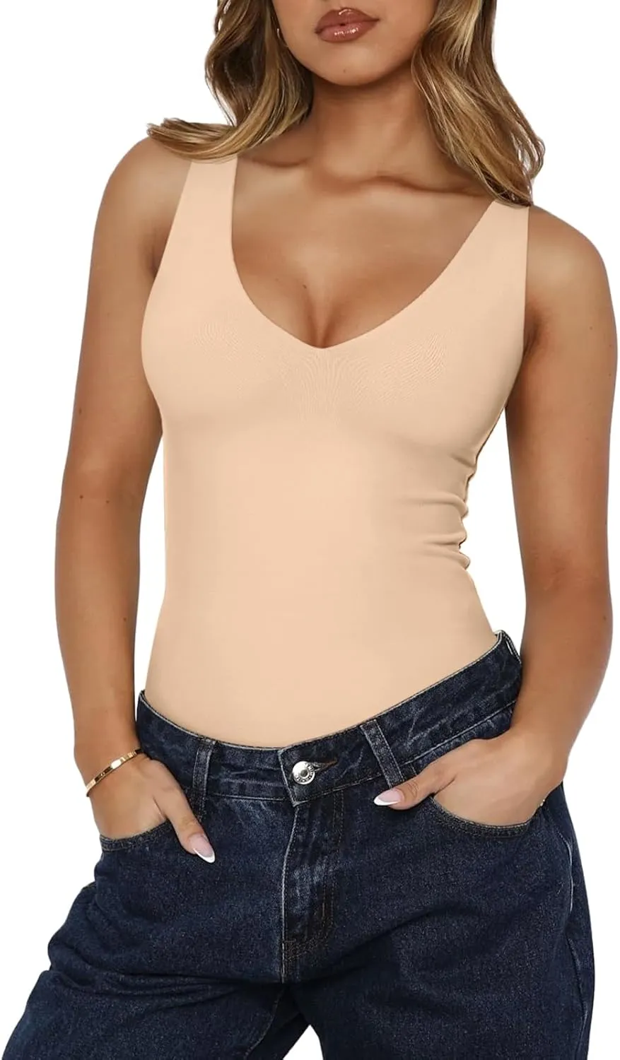 REORIA Butsmooth Womens Trendy Sexy Plunge Deep V Neck Sleeveless V Backless Going Out Tank Bodysuits Tops
