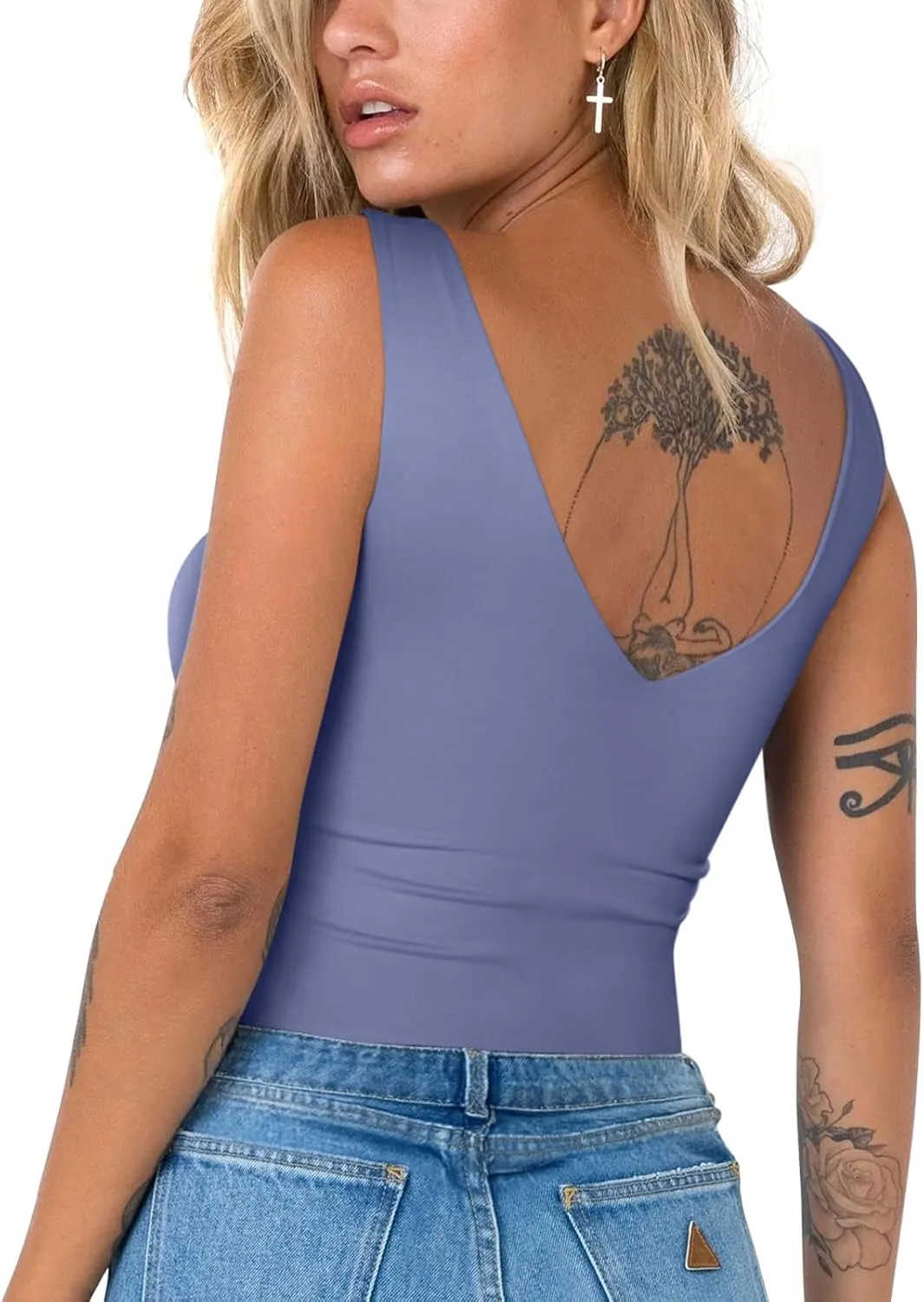 REORIA Butsmooth Womens Trendy Sexy Plunge Deep V Neck Sleeveless V Backless Going Out Tank Bodysuits Tops
