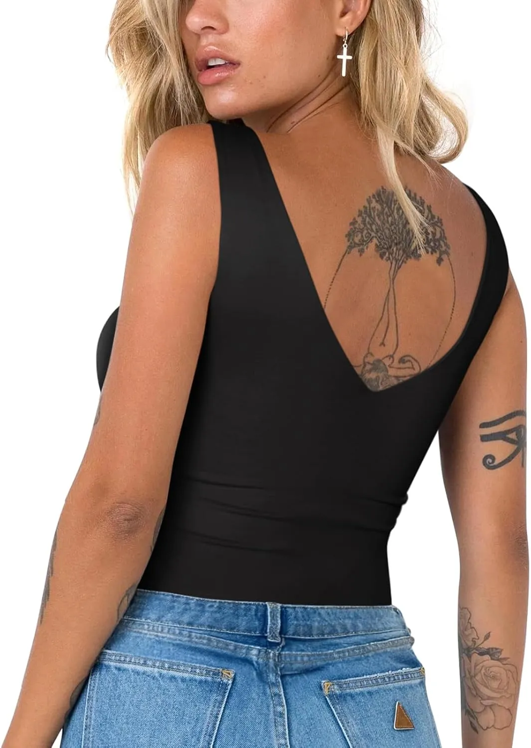 REORIA Butsmooth Womens Trendy Sexy Plunge Deep V Neck Sleeveless V Backless Going Out Tank Bodysuits Tops