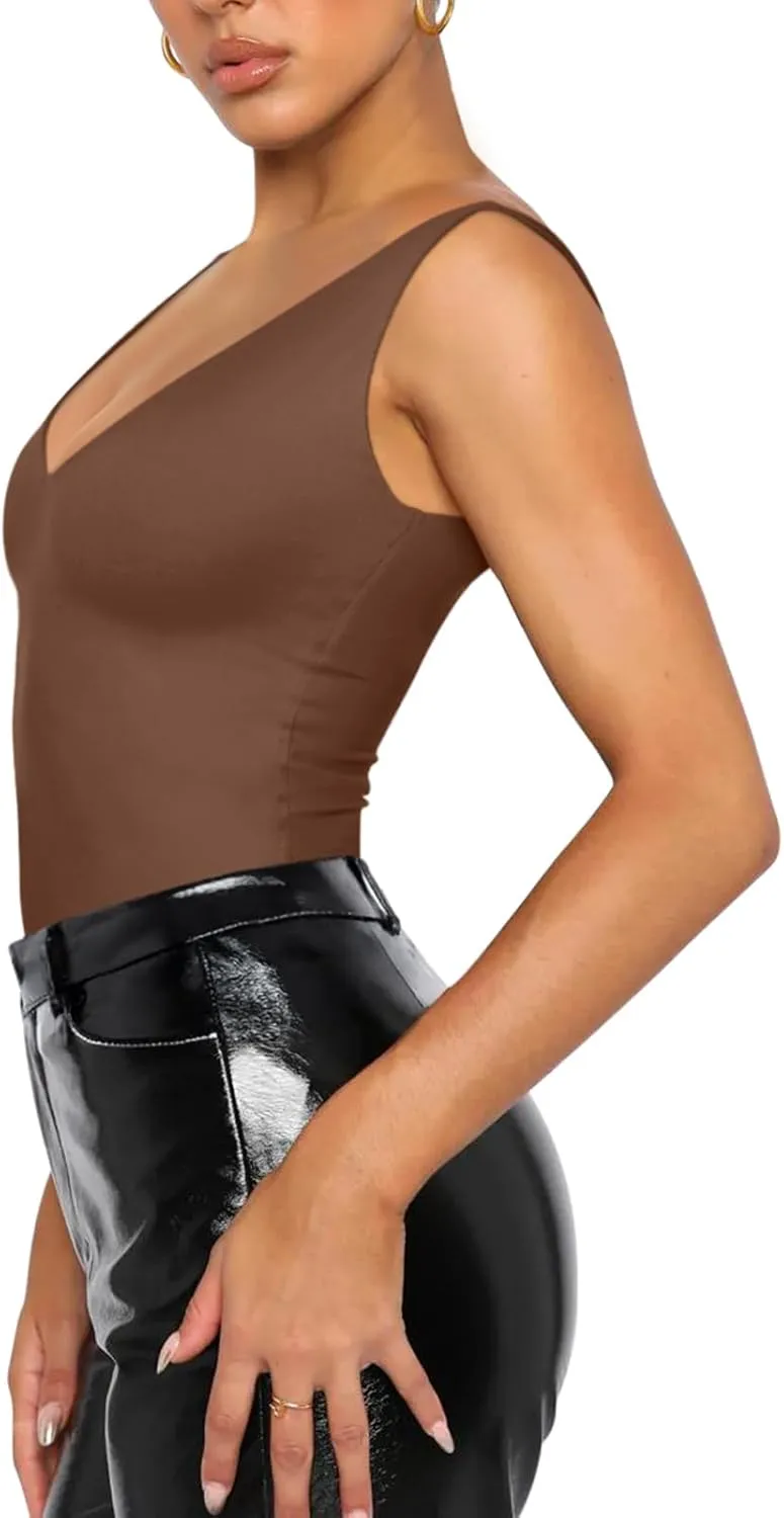 REORIA Butsmooth Womens Trendy Sexy Plunge Deep V Neck Sleeveless V Backless Going Out Tank Bodysuits Tops