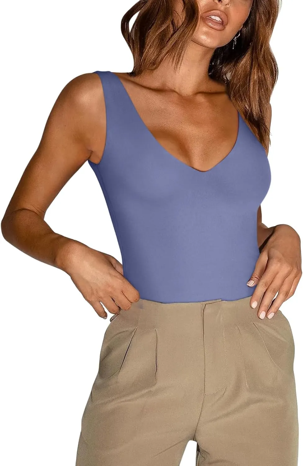 REORIA Butsmooth Womens Trendy Sexy Plunge Deep V Neck Sleeveless V Backless Going Out Tank Bodysuits Tops