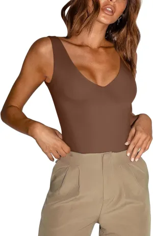 REORIA Butsmooth Womens Trendy Sexy Plunge Deep V Neck Sleeveless V Backless Going Out Tank Bodysuits Tops