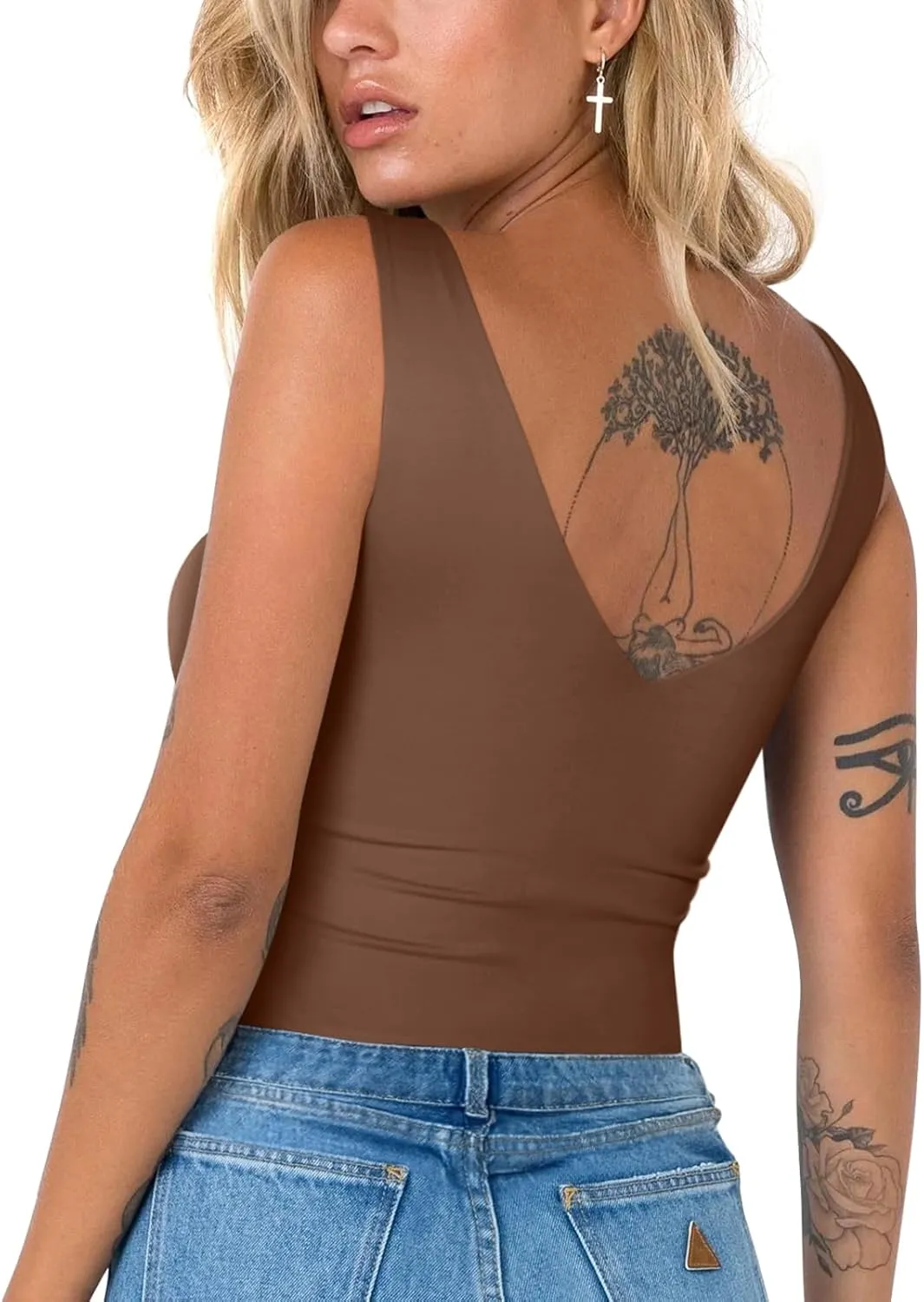 REORIA Butsmooth Womens Trendy Sexy Plunge Deep V Neck Sleeveless V Backless Going Out Tank Bodysuits Tops