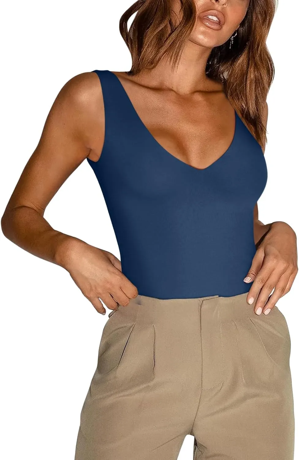 REORIA Butsmooth Womens Trendy Sexy Plunge Deep V Neck Sleeveless V Backless Going Out Tank Bodysuits Tops