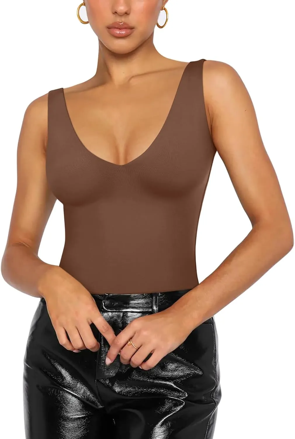 REORIA Butsmooth Womens Trendy Sexy Plunge Deep V Neck Sleeveless V Backless Going Out Tank Bodysuits Tops