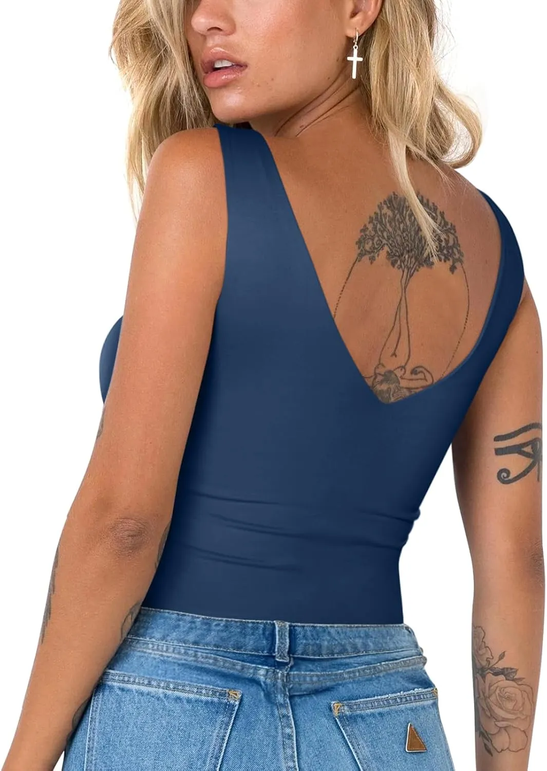 REORIA Butsmooth Womens Trendy Sexy Plunge Deep V Neck Sleeveless V Backless Going Out Tank Bodysuits Tops