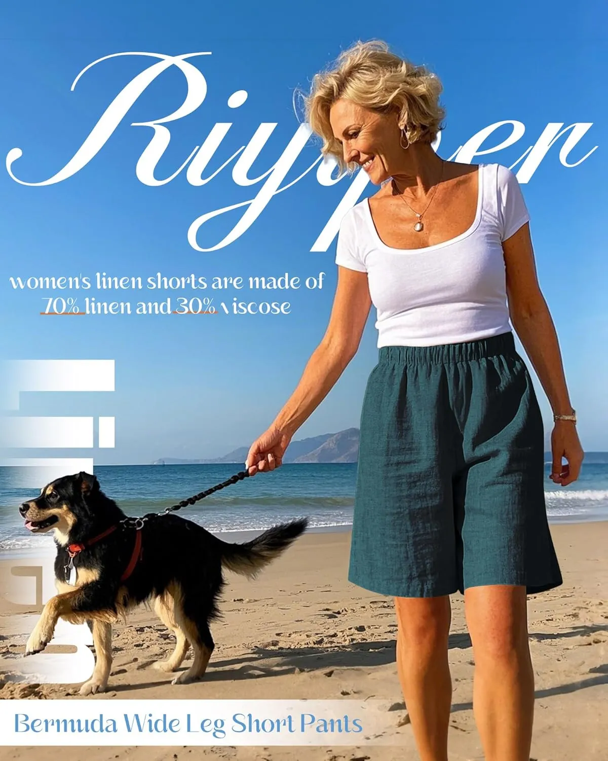 Riyiper 3 Pack Women's Linen Shorts Elastic High Waist Bermuda Wide Leg Summer Casual Lounge Short with Pockets