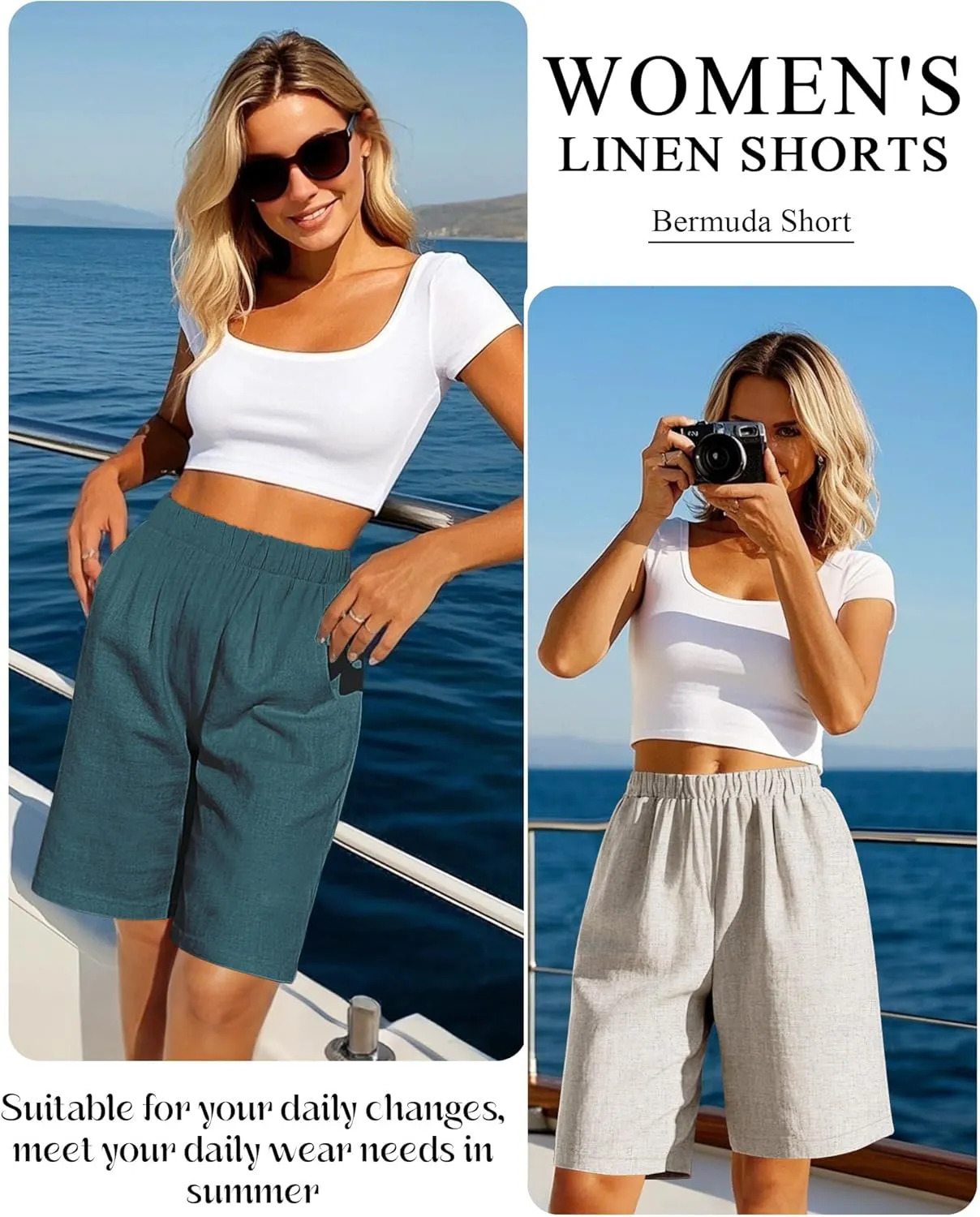 Riyiper 3 Pack Women's Linen Shorts Elastic High Waist Bermuda Wide Leg Summer Casual Lounge Short with Pockets