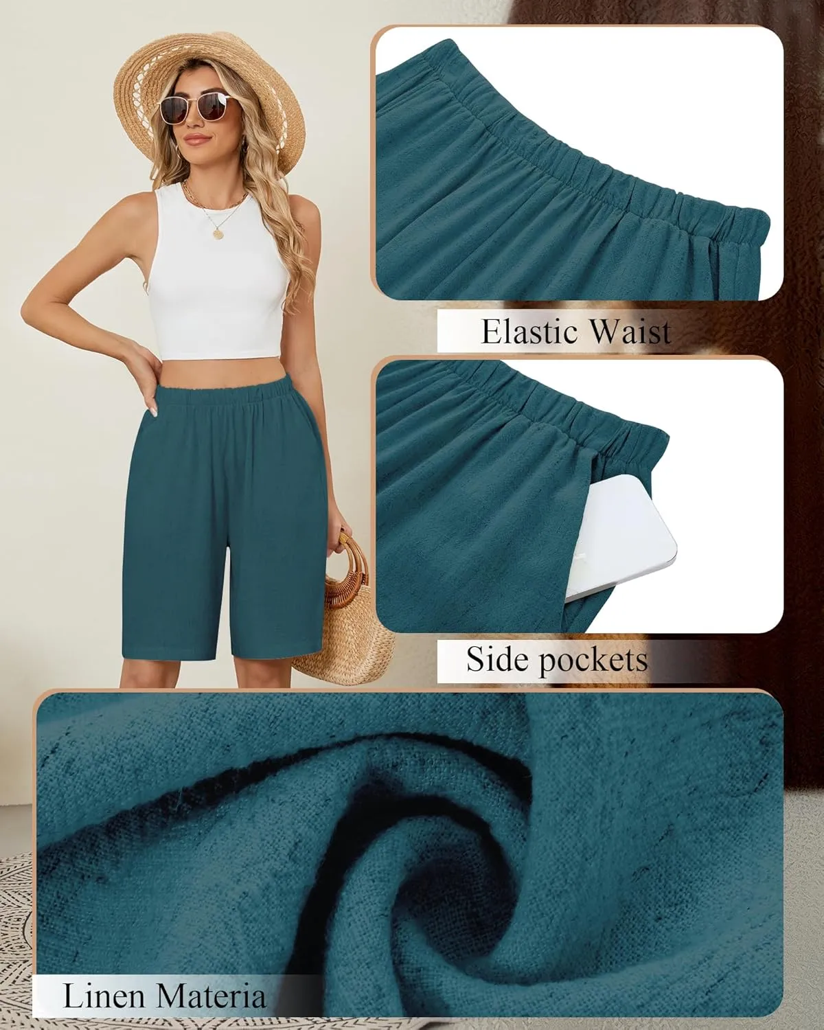 Riyiper 3 Pack Women's Linen Shorts Elastic High Waist Bermuda Wide Leg Summer Casual Lounge Short with Pockets
