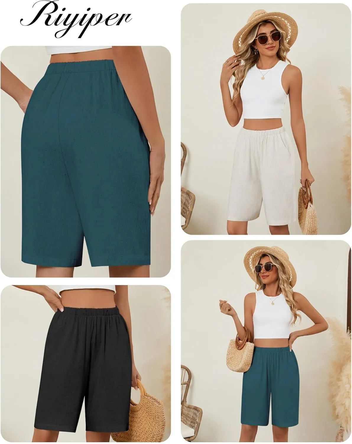 Riyiper 3 Pack Women's Linen Shorts Elastic High Waist Bermuda Wide Leg Summer Casual Lounge Short with Pockets