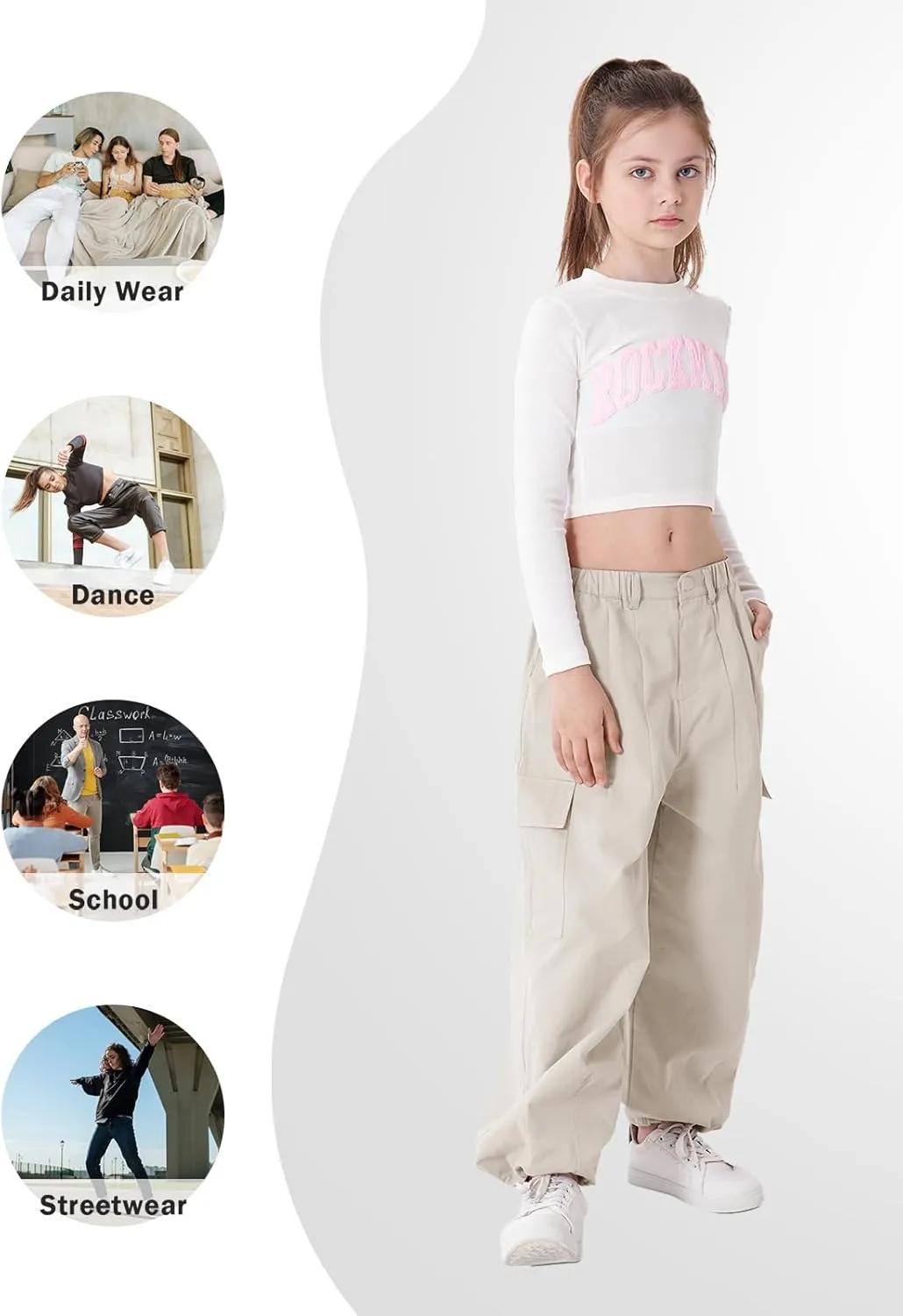 Rolanko Girls Cargo Pants Wide Leg Streetwear Kids Pants with Pockets Trendy Jogger Trousers 4-14 Years