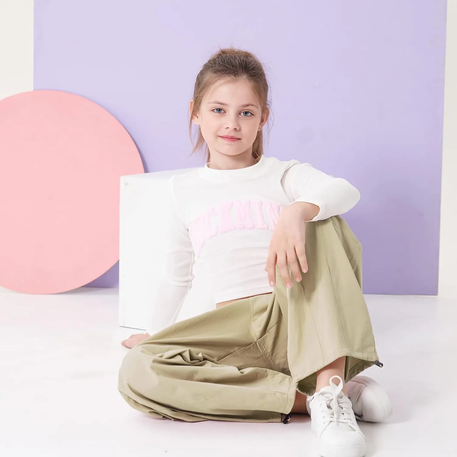 Rolanko Girls Cargo Pants Wide Leg Streetwear Kids Pants with Pockets Trendy Jogger Trousers 4-14 Years