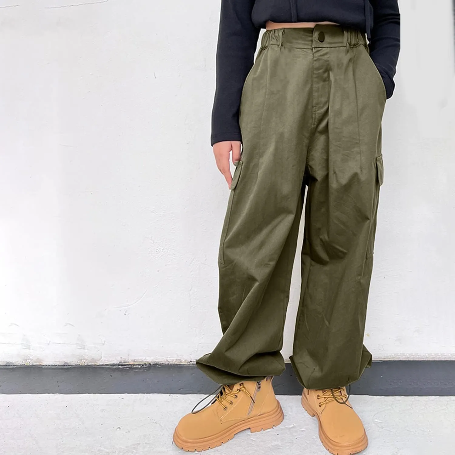Rolanko Girls Cargo Pants Wide Leg Streetwear Kids Pants with Pockets Trendy Jogger Trousers 4-14 Years