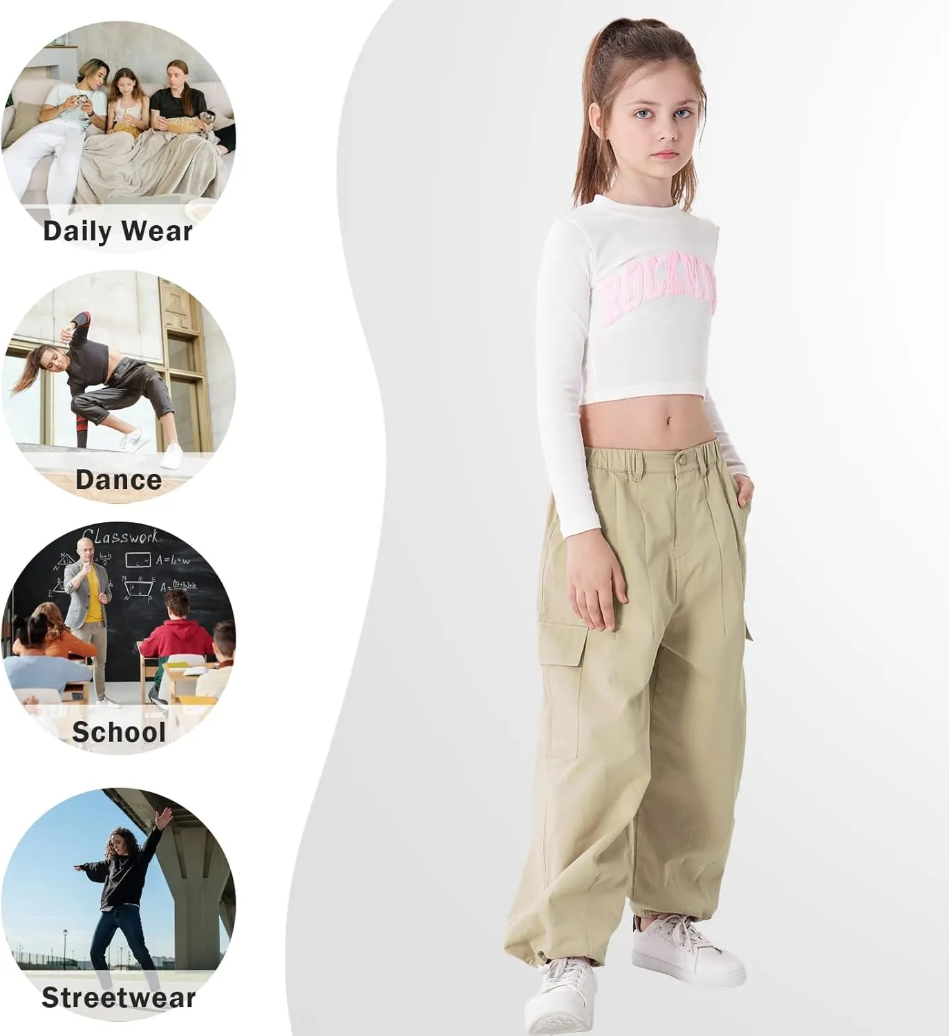 Rolanko Girls Cargo Pants Wide Leg Streetwear Kids Pants with Pockets Trendy Jogger Trousers 4-14 Years