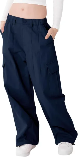 Rolanko Girls Cargo Pants Wide Leg Streetwear Kids Pants with Pockets Trendy Jogger Trousers 4-14 Years