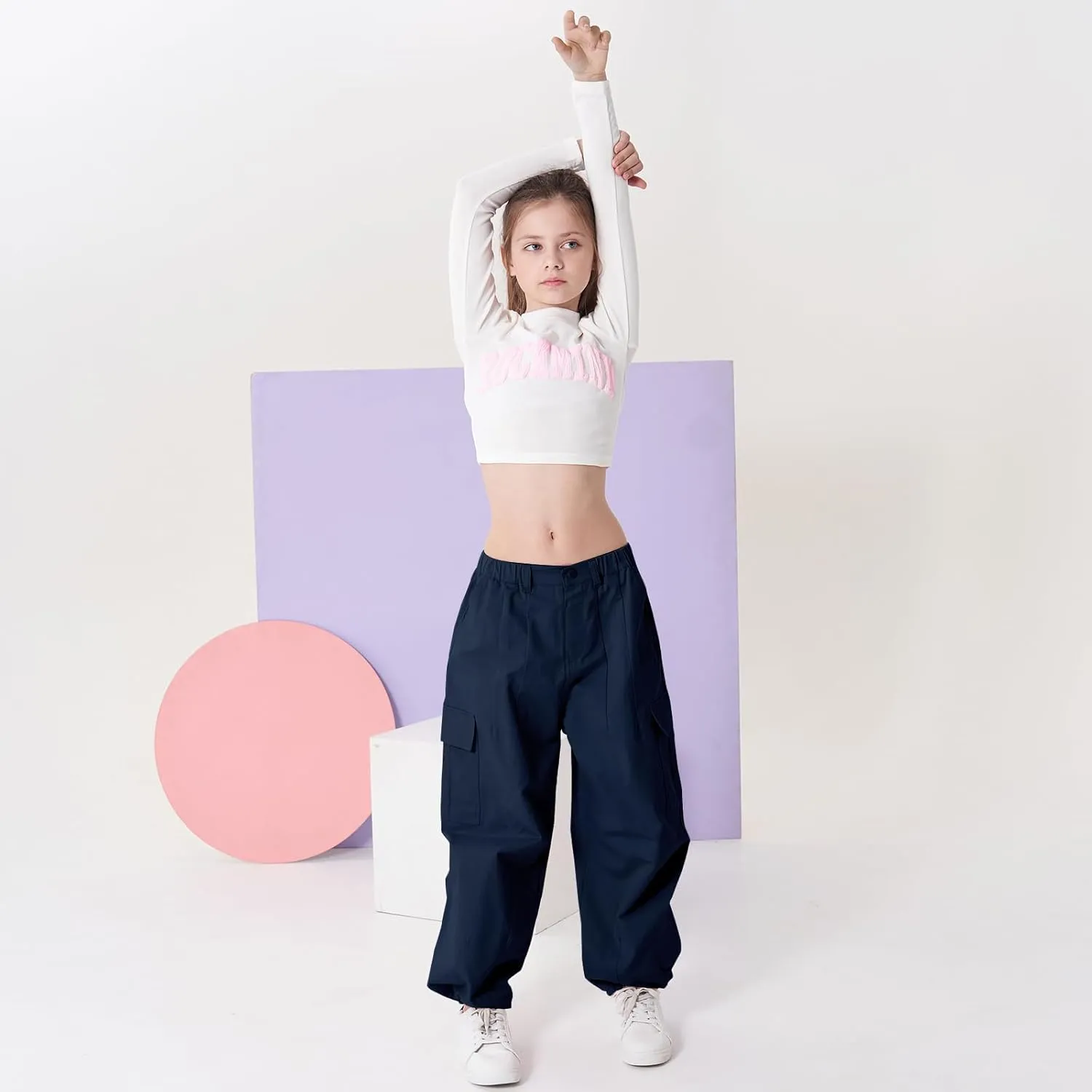 Rolanko Girls Cargo Pants Wide Leg Streetwear Kids Pants with Pockets Trendy Jogger Trousers 4-14 Years