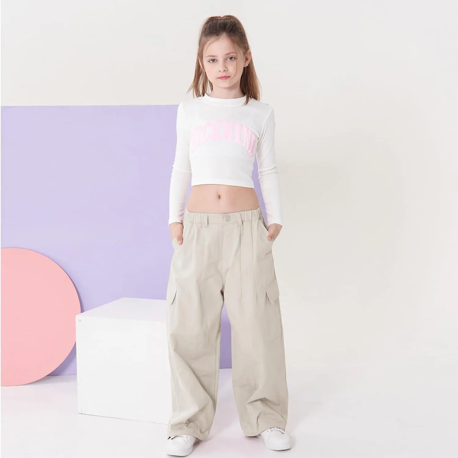 Rolanko Girls Cargo Pants Wide Leg Streetwear Kids Pants with Pockets Trendy Jogger Trousers 4-14 Years