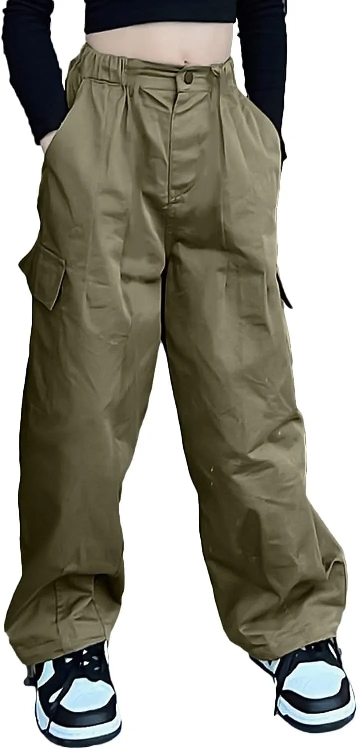 Rolanko Girls Cargo Pants Wide Leg Streetwear Kids Pants with Pockets Trendy Jogger Trousers 4-14 Years