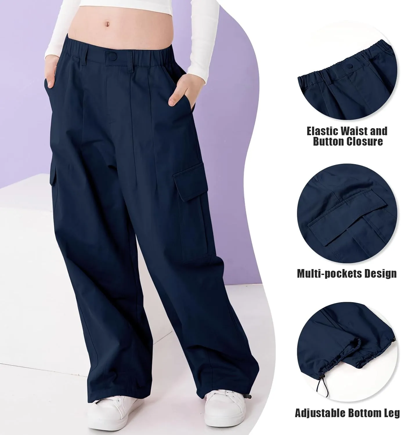 Rolanko Girls Cargo Pants Wide Leg Streetwear Kids Pants with Pockets Trendy Jogger Trousers 4-14 Years