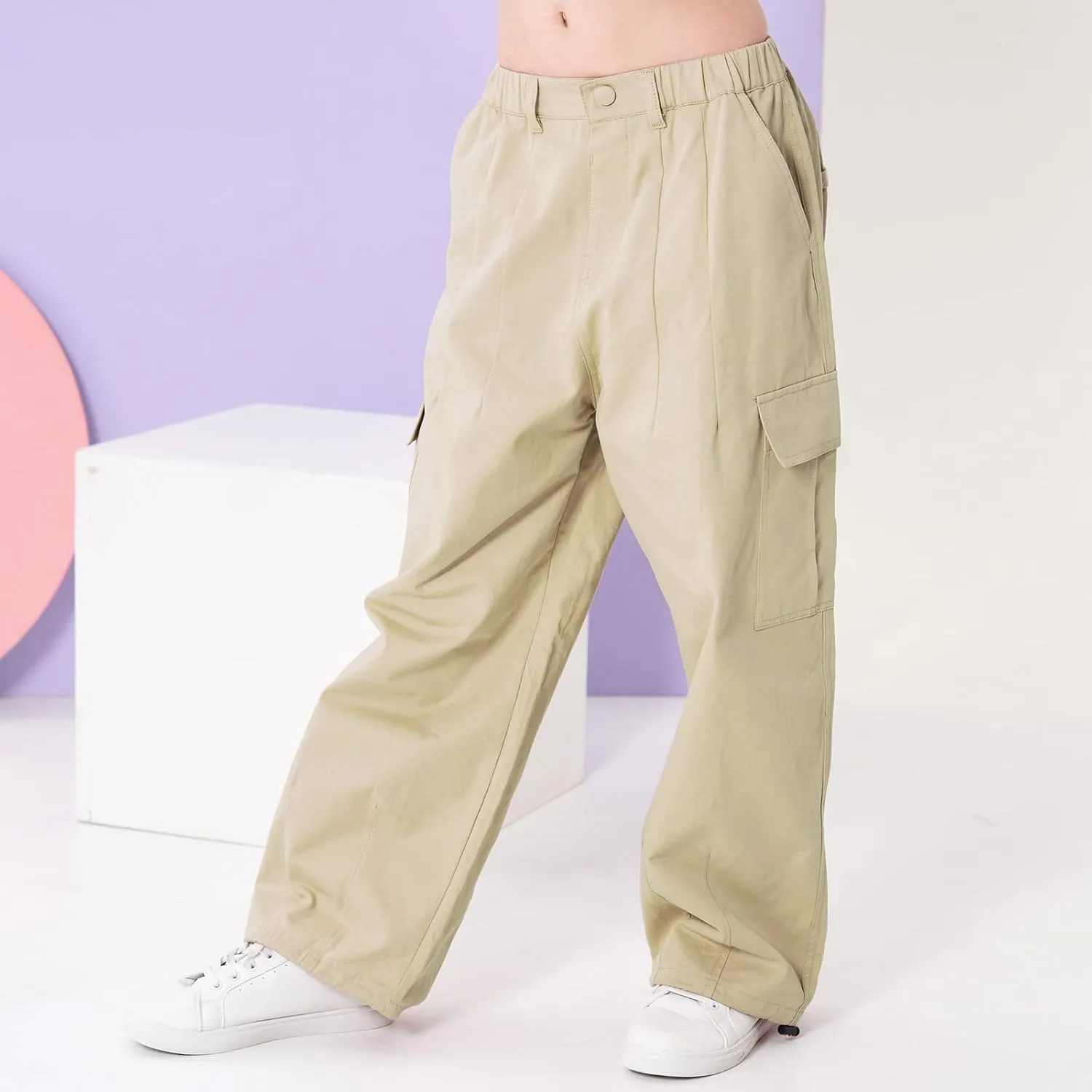 Rolanko Girls Cargo Pants Wide Leg Streetwear Kids Pants with Pockets Trendy Jogger Trousers 4-14 Years
