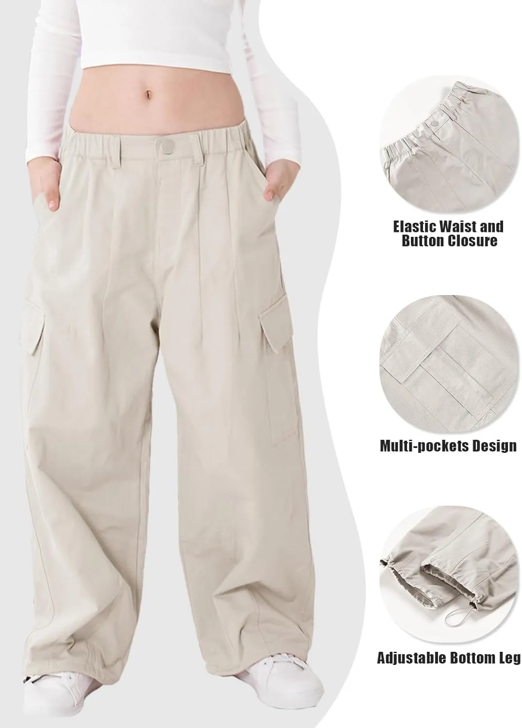 Rolanko Girls Cargo Pants Wide Leg Streetwear Kids Pants with Pockets Trendy Jogger Trousers 4-14 Years