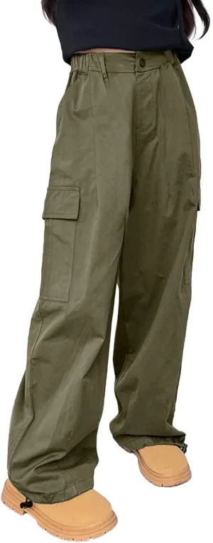 Rolanko Girls Cargo Pants Wide Leg Streetwear Kids Pants with Pockets Trendy Jogger Trousers 4-14 Years
